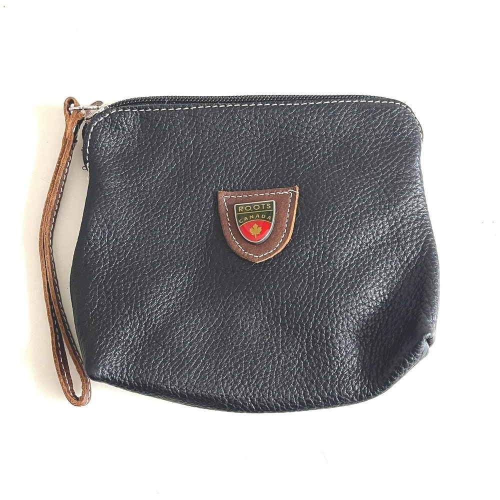 Vintage Roots Canada Black Pebbled Genuine Leather Wristlet Pouch Coin Purse Zip